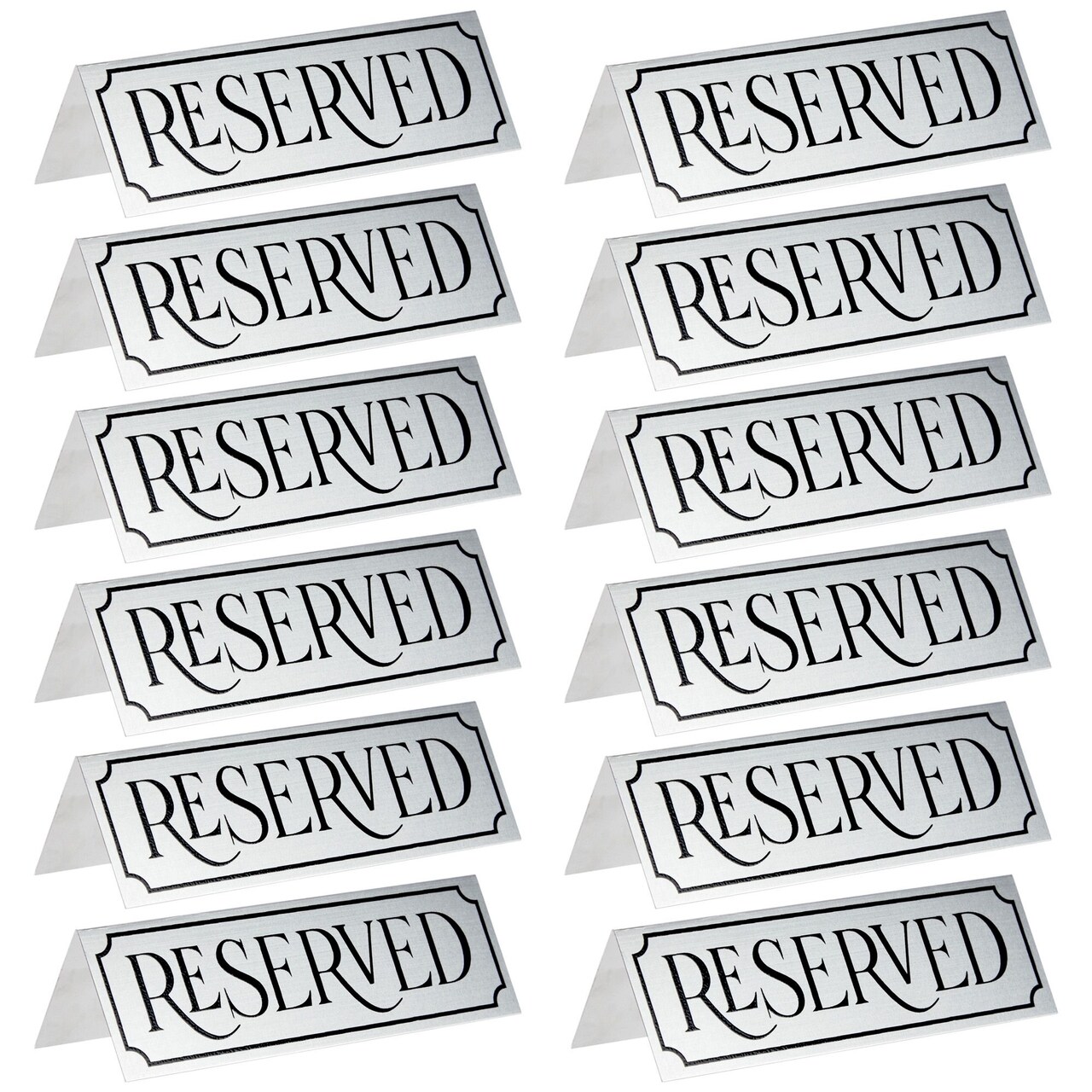 12-Pack Small Metal Reserved Table Signs for Wedding, Restaurant, Seating Reservation, Party Tables, Etched Silver Design (5X2X1 in)